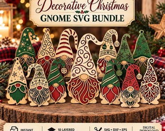 May include: A collection of 10 layered laser-cut gnome designs for Christmas, featuring intricate patterns in red, green, and natural wood tones. The image includes the text Decorative Christmas GNOME SVG BUNDLE, 10 LAYERED LASER-CUT DESIGNS, and INSTANT DOWNLOAD.