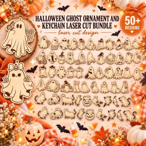 Può includere: Una collezione digitale di oltre 50 design tagliati al laser per ornamenti e portachiavi a forma di fantasma di Halloween. L'immagine mostra numerose figure di fantasmi color legno chiaro in varie pose con accessori come cappelli e zucche.