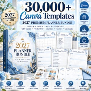 May include: A digital product bundle featuring 30,000+ Canva templates for a 2027 planner. The set includes a planner cover, monthly planner, habit tracker, prayer journal, self-care tracker, goals and action plan, vision board, and weekly planner.