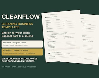 Cleaning Business Kit: 236-Page Bilingual Bundle (Spanish + English) — Contract, Quote, Invoice & Checklist, Editable in Canva