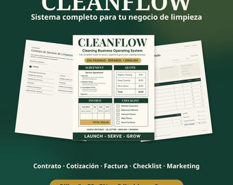 Puede incluir: Un sistema operativo para empresas de limpieza llamado CLEANFLOW, que incluye plantillas para contratos de servicio, presupuestos, facturas y listas de verificación. Los documentos son bilingües en inglés y español, editables en Canva y diseñados para uso profesional.