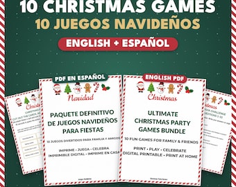 Christmas Party Games Bundle Bilingual English Spanish, 10 Printable Games, 28 Pages, Family Party, Instant Download