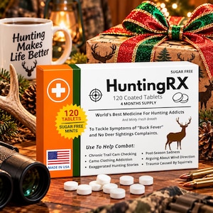 May include: A rectangular box of HuntingRX sugar-free mints featuring a white, orange, and green design. The packaging displays the text HuntingRX, 120 Coated Tablets, 4 Months Supply, and lists various hunting-related symptoms it claims to combat.