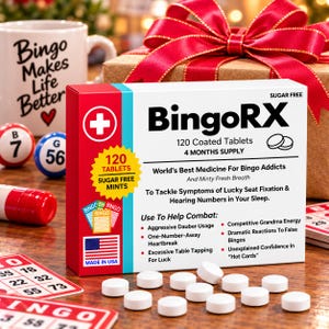 May include: A rectangular box labeled BingoRX containing 120 coated tablets. The white box features red and blue accents, a medical cross symbol, and text detailing a 4-month supply. Several white round tablets are scattered in front of the box.