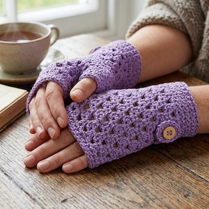 May include: A pair of lavender fingerless gloves featuring a crocheted openwork pattern and a single small wooden button on the outer side of each glove. The gloves cover the hand from the knuckles to the wrist, leaving the fingers and thumb exposed.
