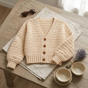 Peut inclure: Un gilet en crochet de couleur crème avec une encolure en V, des manches longues à poignets côtelés et quatre boutons marron sur le devant. Le vêtement est présenté avec un collier doré fin, des lunettes de soleil, de la lavande et deux bols.