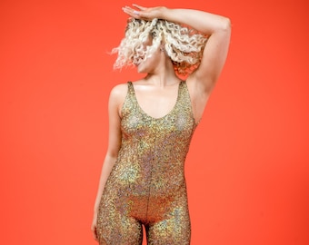 Gold Holographic Disco Mermaid Backless Catsuit