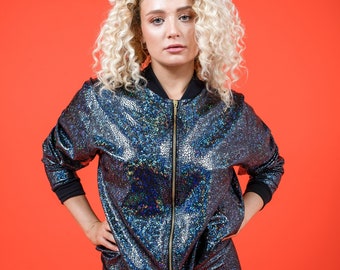 Women&#39;s Holographic Black Disco Bomber Jacket