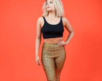 Leggings a vita alta con sirena da discoteca olografica dorata