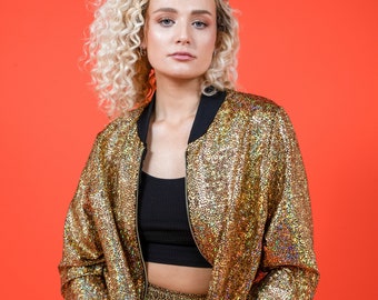 Women&#39;s Gold Holographic Disco Bomber Jacket