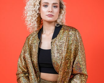 Women's Gold Holographic Disco Bomber Jacket