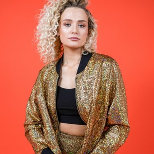 Women&#39;s Gold Holographic Disco Bomber Jacket
