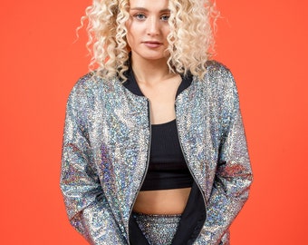 Women's Silver Holographic Disco Bomber Jacket