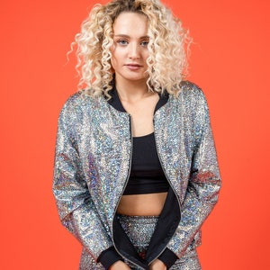 Women&#39;s Silver Holographic Disco Bomber Jacket