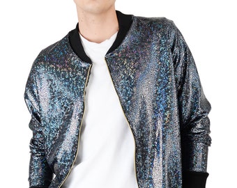 Men's Black Holographic Disco Bomber Jacket