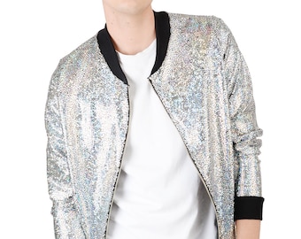 Men's Silver Holographic Disco Bomber Jacket