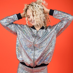 Women's Silver Holographic Disco Bomber Jacket image 2