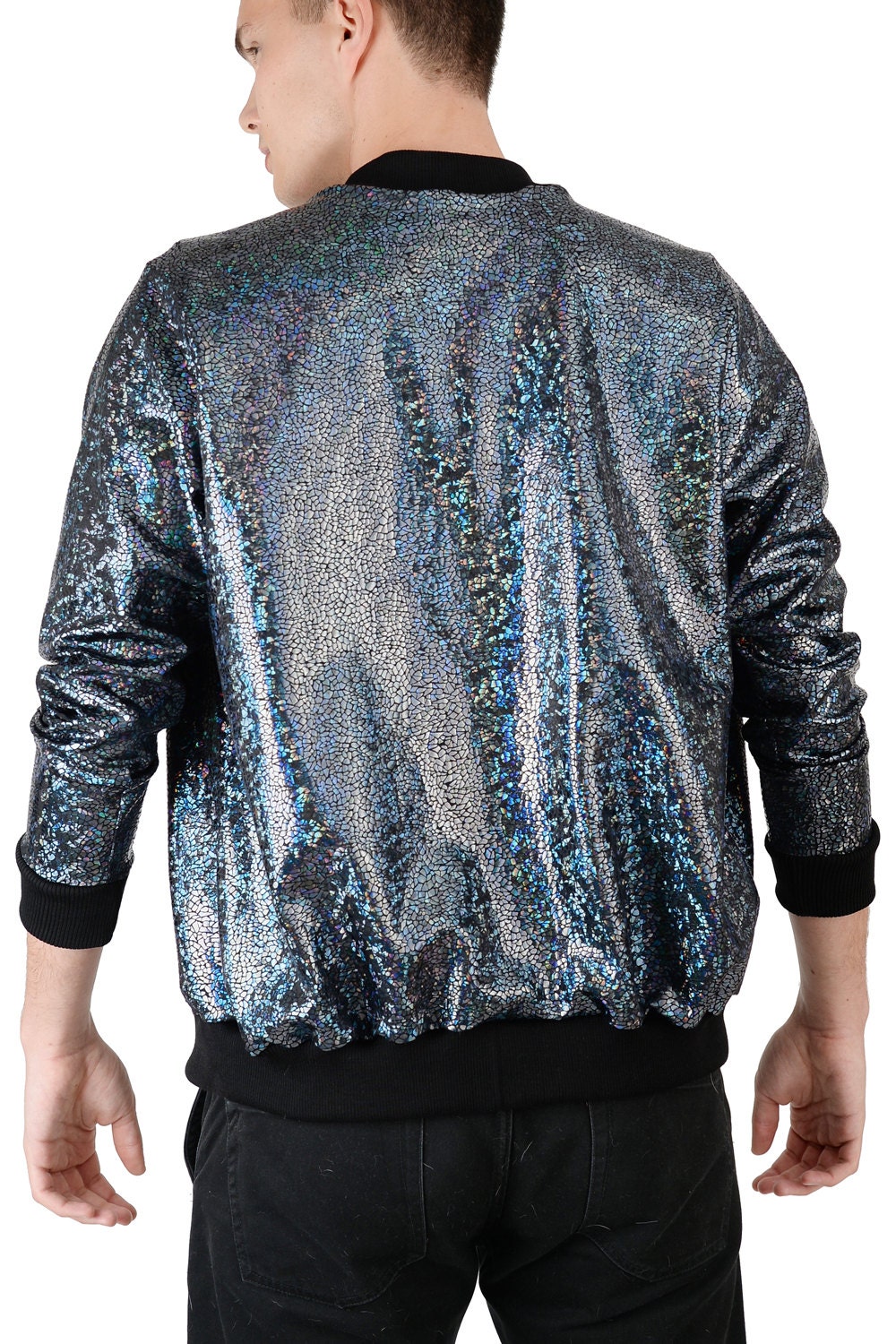 Men's Black Holographic Disco Bomber Jacket - Etsy