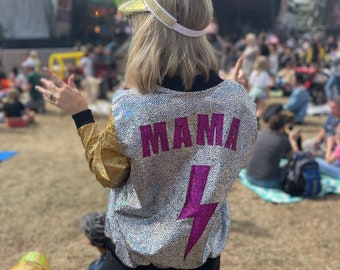 Disco Mama Holographic Bomber Jacket: Festival Sparkly Jacket