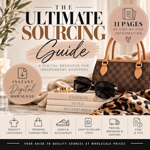 May include: A digital guide titled The Ultimate Sourcing Guide featuring 11 pages of information. The image displays a brown checkered handbag, black sunglasses, a gold bracelet, and three stacked books labeled Fashion, Style, and Accessories.