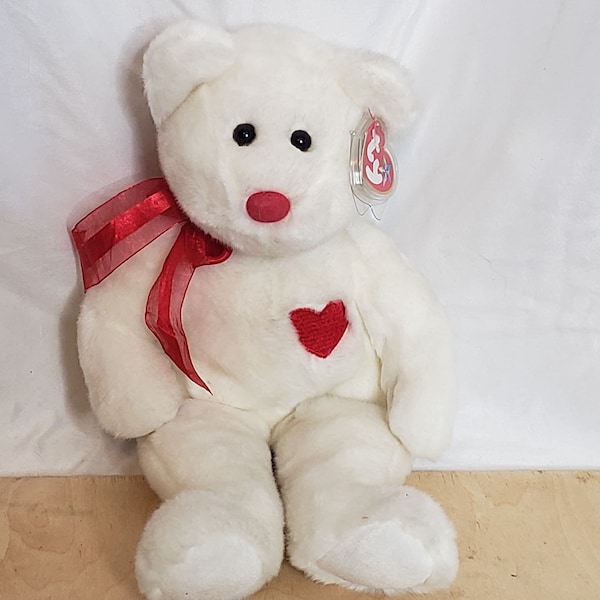 Vintage Beanie Buddies Valentino Bear White Red Heart 13" Original Tag