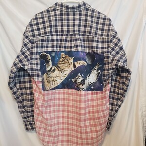 One Of A Kind Custom Handmade Shirt Bleached Flannel Shirt Upcycled Space Cats Adult Size L Eddie Bauer Navy Plaid