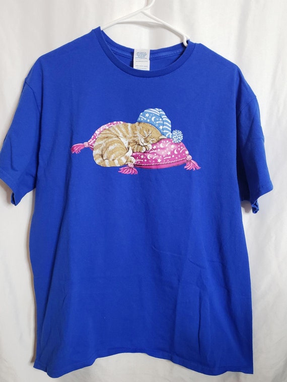 Vintage Sleeping Cat Tshirt Royal Blue 1990s Stree