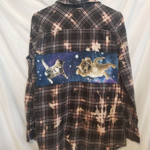 One Of A Kind Custom Handmade Shirt Bleached Flannel Shirt Upcycled Space Cats Jr Size XL OP Black Plaid