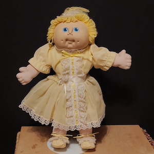 Vintage Doll Baby Handmade Soft Sculpture Doll Yellow Dress Certificate Blonde