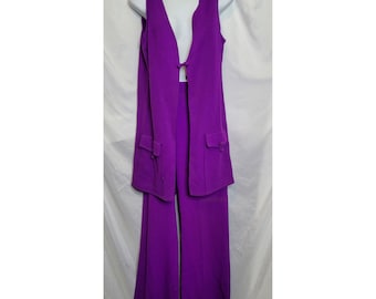 70s Purple Polyester Pant Suit with Vest (Approx. Small)