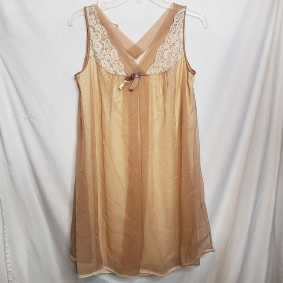 Vintage Nude Nightgown Knee Length Lace Trim Sheer Overlay Sleeveless Etsy UK
