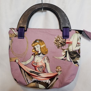 Handmade Fabric Purse Alexander Henry Zombie Pinup Girl Fabric Wood Handles 11x9x2.5 Inches