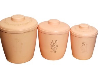 MCM Pink Plastic Canister Set of 3 With Lids Sugar Coffee Tea Nesting Storage