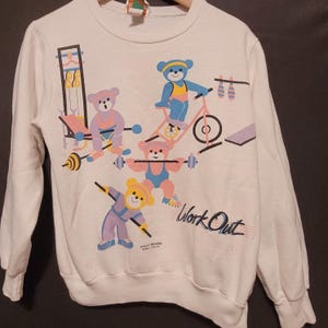Vintage Sweatshirt Workout Willy Bears BJ Groda Tröja Vit 80-tals Novelty Storlek Med