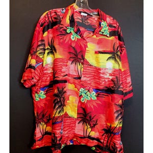 Vintage Hawaiian Shirt King Kameha Red Polyester Size 4X Sunset Button Up