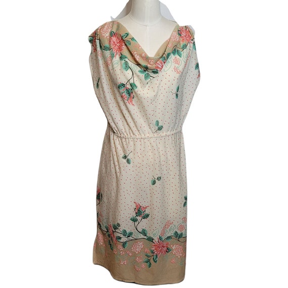 Vintage 70s Border Print Dress Cowl Neck Floral P… - image 1