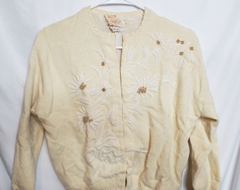 Vintage vest trui lamswol embe handkralen Hong Kong crème bloemen