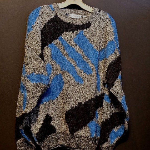 Vintage Sweater Abstract Geometric Gray Blue Blac… - image 1