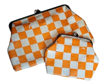 Vintage Wallet Clutch Set Orange Checkerboard Kisslock Set of 2 Vinyl Some Wear