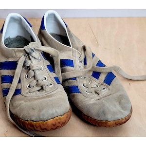 Vintage Adidas Gray Blue Stripes Made in Taiwan Rubber Soles Have Wear