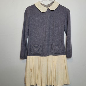 Vintage Dress Gray Cream Peter Pan Collar 60s 70s Retro School Girl Look Size S