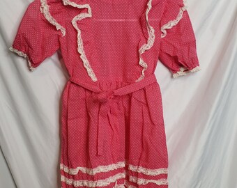 Vintage Handmade Girl Size Prairie Dress Raspberry Pink White Lace Trim Zip Back