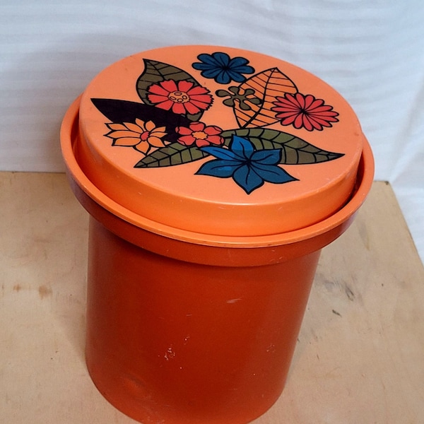 Vintage 70s Rubbermaid Canister Orange Large 2226 Blue Floral Print