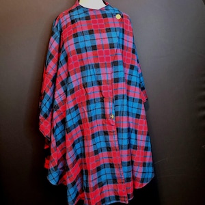 Vintage Wool Cape Poncho Burgundy Blue Plaid Button Front OSFM Canada