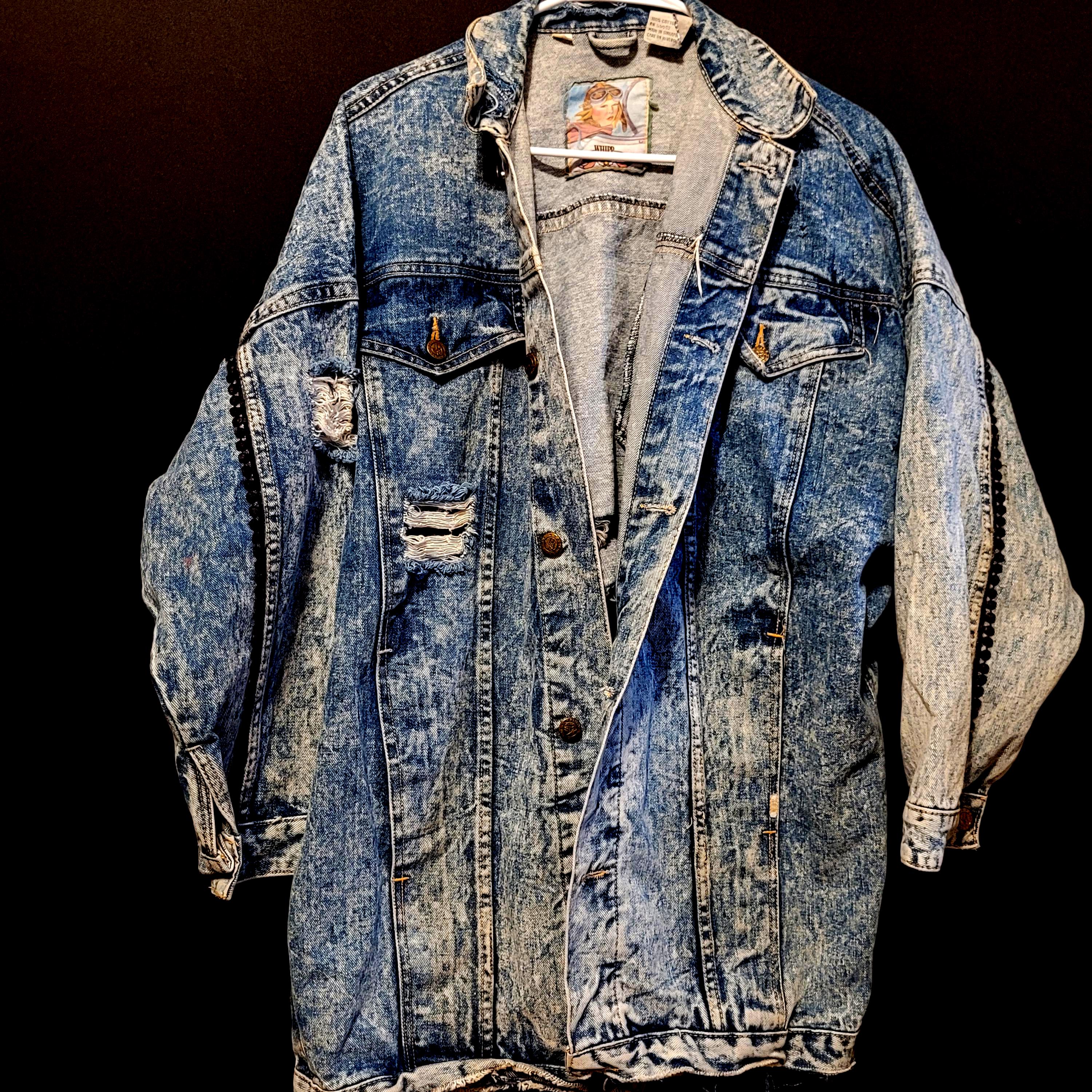 Vintage Acid Washed Denim Jacket Distressed Whipp 90s Retro Medium 