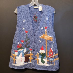 Vintage Christmas Vest Snowman Sweater Knit Bobbie Brooks Womens XL Button Up