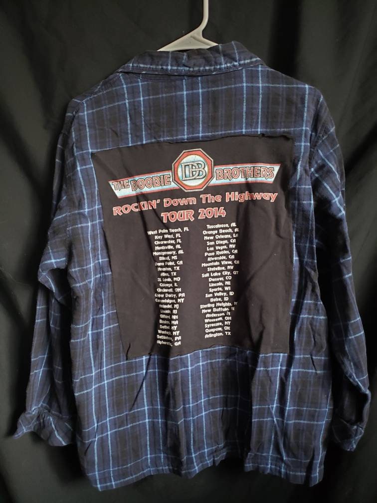 One Of A Kind Custom Handmade Shirt Upcycled Flannel Blue Plaid Doobie Bros Panel Adult Size M