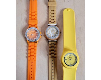 Geneva Watch Lot of 3 Yellow Orange Silicone Bands Untested As Is For Parts