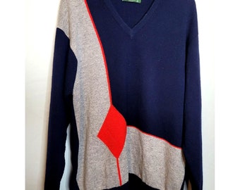 Vintage Scottish Lambswool Color Block Sweater, Gray Blue Red, Sz L