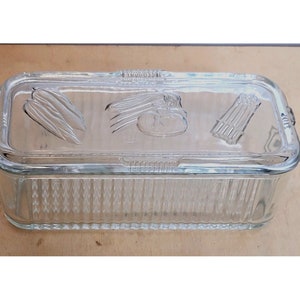 Vintage Federal Refrigerator Dish Clear Rectangle Vegetables 2 Pc 8.5 X 4 X 3 In